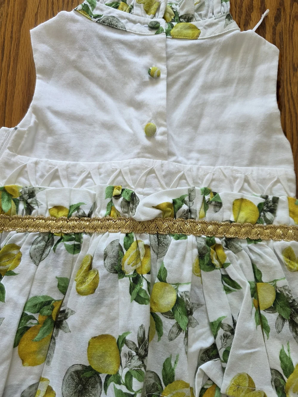 White Lemon-Print Baby Dress Romper with Gold Accent